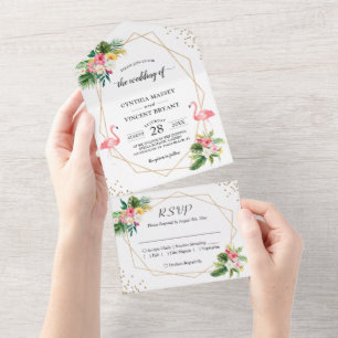 Tropical Floral Flamingo Geometric Summer Wedding All In One Einladung