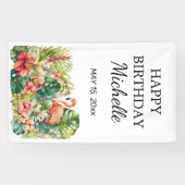 Tropical Floral Flamingo Happy Birthday Name Banner (Horizontal)