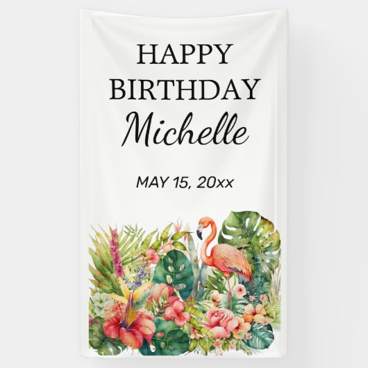 Tropical Floral Flamingo Happy Birthday Name Banner (Vertikal)