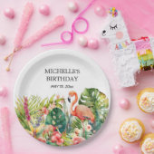 Tropical Floral Flamingo Happy Birthday Name Pappteller (Party)