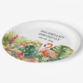 Tropical Floral Flamingo Happy Birthday Name Pappteller (Schrägansicht)