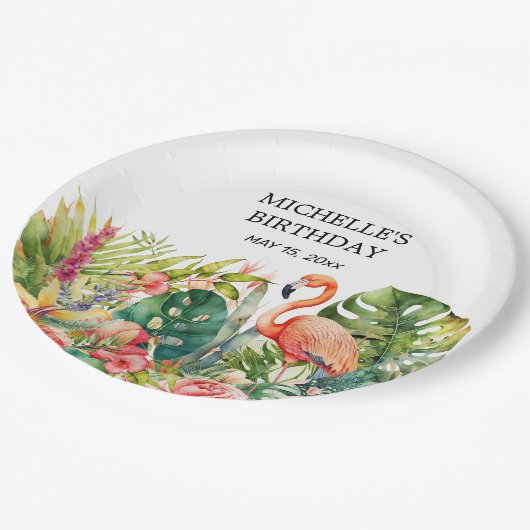 Tropical Floral Flamingo Happy Birthday Name Pappteller (Schrägansicht)