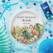 Tropical Floral Flamingo Happy Birthday Name Pappteller (Party)