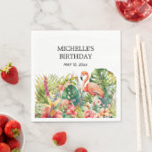 Tropical Floral Flamingo Happy Birthday Name Serviette (Beispiel)
