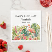 Tropical Floral Flamingo Happy Birthday Name Serviette (Beispiel)