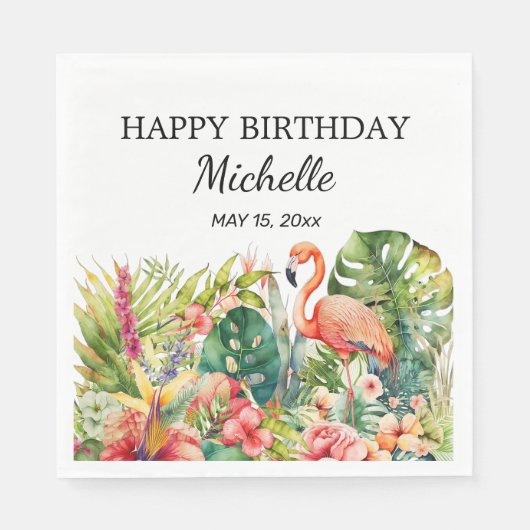 Tropical Floral Flamingo Happy Birthday Name Serviette (Vorderseite)