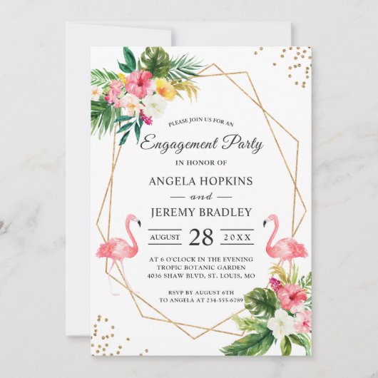 Tropical Floral Flamingo Summer Engagement Party Einladung (Vorderseite)
