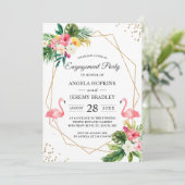 Tropical Floral Flamingo Summer Engagement Party Einladung (Stehend Vorderseite)