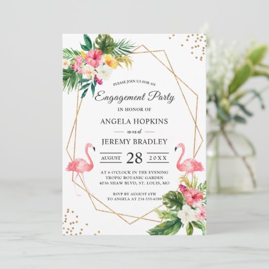 Tropical Floral Flamingo Summer Engagement Party Einladung (Stehend Vorderseite)