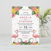 Tropical Floral Flamingo Summer Wedding Einladung (Stehend Vorderseite)