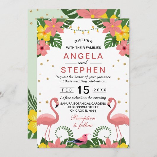 Tropical Floral Flamingo Summer Wedding Einladung (Vorne/Hinten)