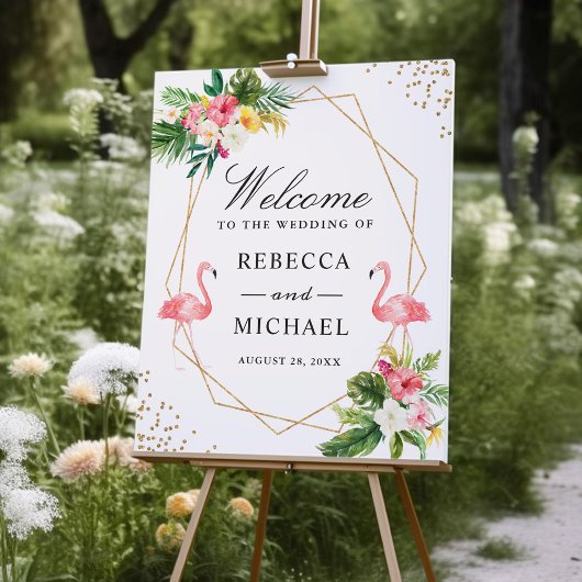 Tropical floral Flamingos Wedding Willkommenszeich Poster