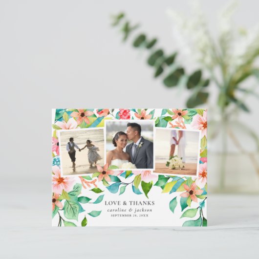 Tropical Floral Foto Collage Hochzeit Vielen Dank Postkarte (Stehend Vorderseite)
