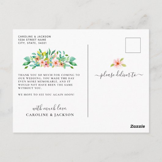 Tropical Floral Foto Collage Hochzeit Vielen Dank Postkarte (Rückseite)