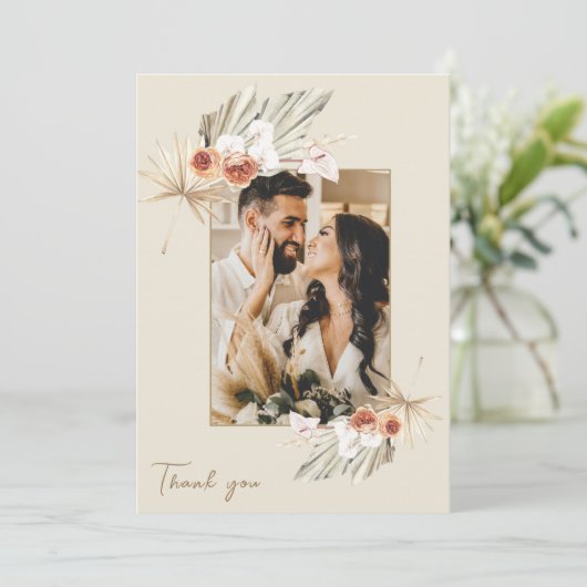 Tropical Floral Foto Hochzeit Danke Karte (Stehend Vorderseite)