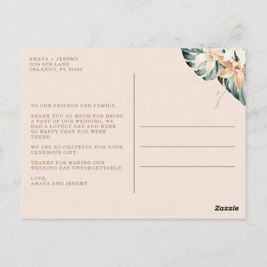 Tropical Floral Foto Wedding Vielen Dank Postkarte (Rückseite)