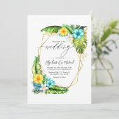 Tropical Floral Geometric Wedding Foto & QR Code Einladung (Stehend Vorderseite)