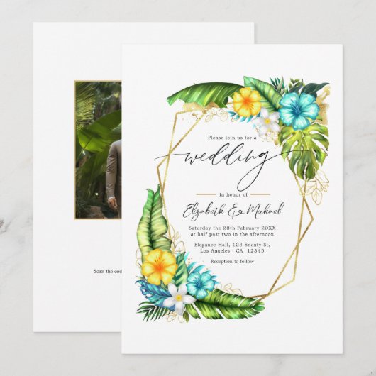 Tropical Floral Geometric Wedding Foto & QR Code Einladung (Vorne/Hinten)