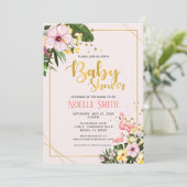 Tropical Floral Gold Flamingo Pink Baby Dusche Einladung (Stehend Vorderseite)