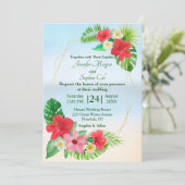 Tropical Floral Gold Geometric Wedding Einladung (Stehend Vorderseite)