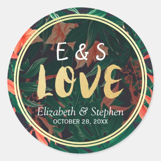 Tropical Floral Gold Rahmen Hochzeit Vielen Dank Runder Aufkleber (Vorderseite)