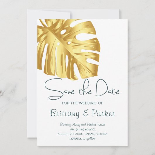 Tropical Floral Gold Wedding Save The Date (Vorderseite)