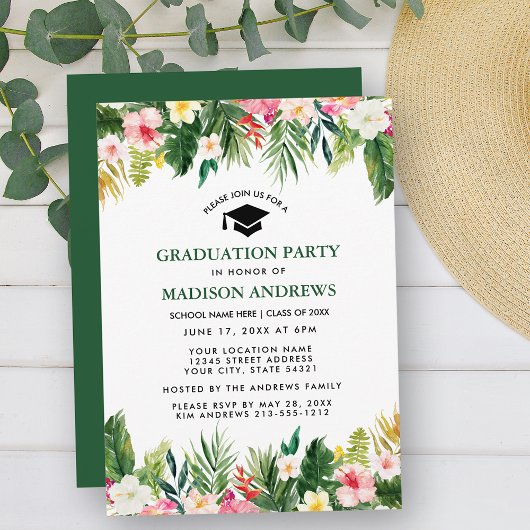 Tropical Floral Green Graduation Party Einladung