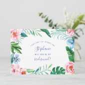 Tropical Floral Hawaii Peony Pink Green Bridesmaid Einladung (Stehend Vorderseite)