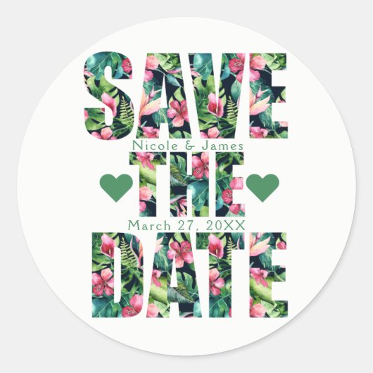 Tropical Floral Hawaiian SAVE THE DATE Custom Runder Aufkleber (Vorderseite)