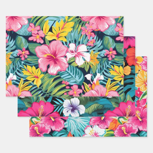 Tropical Floral Hibiscus Plumeria Pattern Design Geschenkpapier Set (Set)