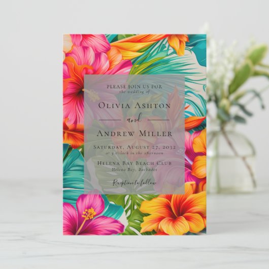 Tropical Floral Hibiskus Zielhochzeit am Strand Einladung (Stehend Vorderseite)