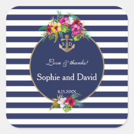 Tropical Floral Luau Navy Blauer Streifen Hochzeit Quadratischer Aufkleber