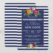 Tropical Floral Luau Navy Blue Housewarming Party Einladung (Vorne/Hinten)