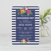 Tropical Floral Luau Navy Blue Housewarming Party Einladung (Stehend Vorderseite)