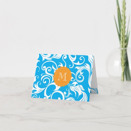 Tropical Floral Monogram Note Card Turquoise Blue (Vorderseite)