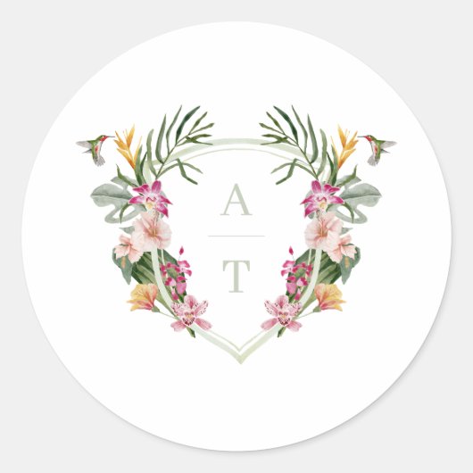 Tropical Floral Monogram Wedding Runder Aufkleber (Vorderseite)