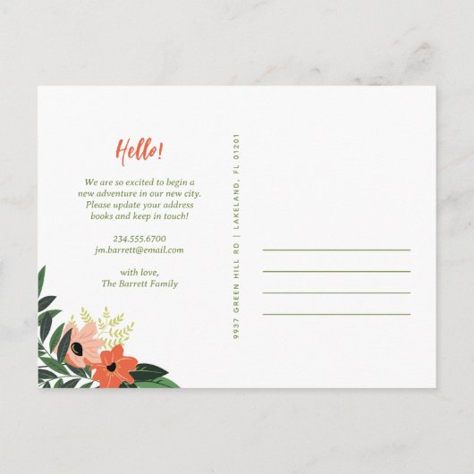 Tropical Floral New Address Postcard | Korallen Ankündigungspostkarte (Rückseite)