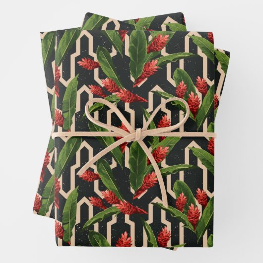 Tropical Floral on Geometric Black Geschenkpapier Set (Beispiel)