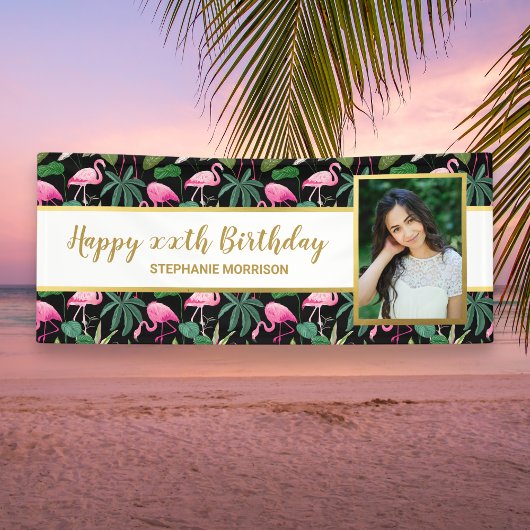 Tropical Floral Palm Leaf Flamingo Birthday Foto Banner