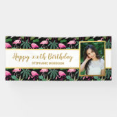 Tropical Floral Palm Leaf Flamingo Birthday Foto Banner (Horizontal)