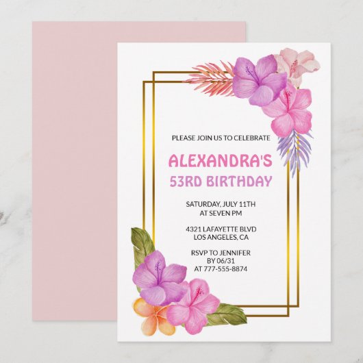 Tropical Floral Pink Luxury 53. Geburtstag Einladung (Vorne/Hinten)