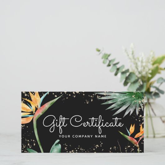 Tropical Floral Script Black Gold Geschenkgutschei (Stehend Vorderseite)