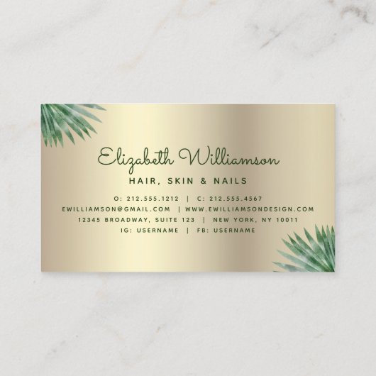 Tropical Floral Script Gold White Beauty Salon Visitenkarte (Rückseite)