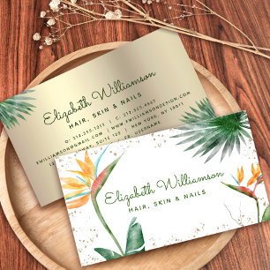 Tropical Floral Script Gold White Beauty Salon Visitenkarte