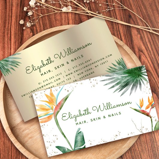 Tropical Floral Script Gold White Beauty Salon Visitenkarte