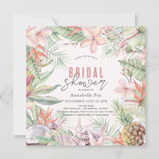 Tropical Floral Seashell Watercolor Bridal Shower Einladung (Vorderseite)