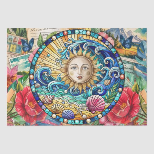 Tropical Floral Stained Glass Sun Face Decoupage Seidenpapier (Vorderseite)