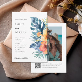 Tropical Floral Summer QR Foto Hochzeit Einladung