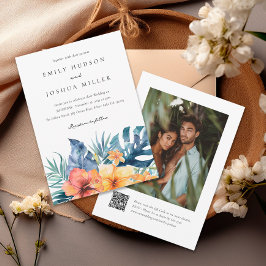 Tropical Floral Summer QR Foto Hochzeit Einladung