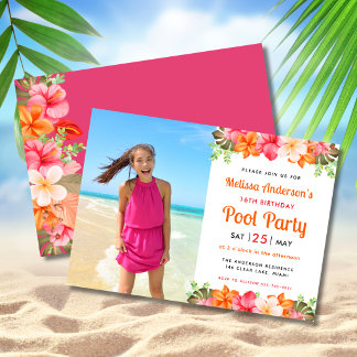 Tropical Floral Swimming Pool Party Birthday Pink Einladung